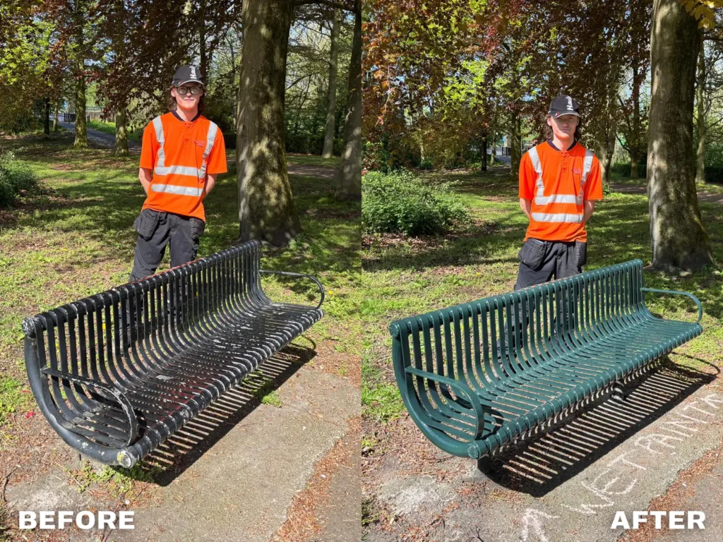 Before and after picture of a park bench that has been painted by a volunteer