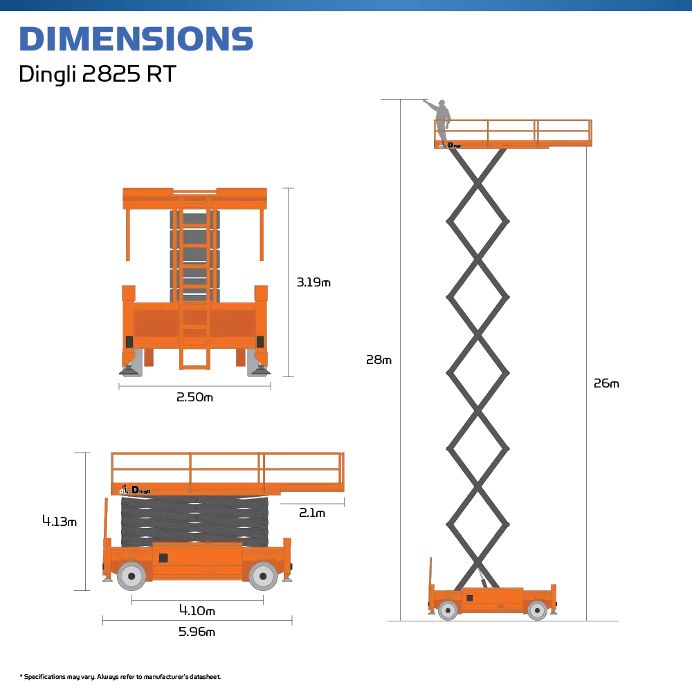 Dimension diagram of three orange aerial lifts: scissor lift, mid-size MEWP, and tall telescopic lift with height labels.