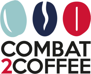 Combat 2 Coffee logo with three coffee bean icons (teal, navy, red) above bold 'COMBAT 2 COFFEE' text.