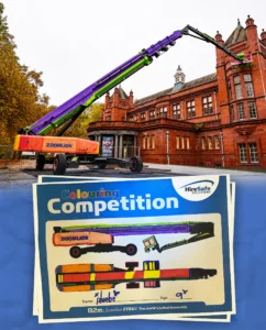Coloring competition poster in front of a red-brick building with a large colorful crane in the background.